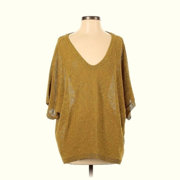 ** Eileen Fisher Gold Melange Linen Deep V Neck Slub Short Sleeve Sweater Size M - Picture 1 of 6
